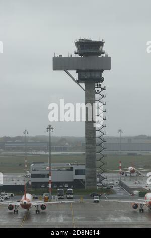 10/31/2020, Schönefeld, Germany, BER Tower at the arrival of the first two flights from easyJet and Lufthansa to the new Berlin Brandenburg Willy Brandt Airport in Schönefeld. on  October 31th. Stock Photo