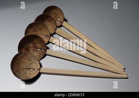 Traditional coconut shells spoons. Strong, durable and healthy. This is one of trusted creations and we never throw even a piece of a coconut tree. Stock Photo