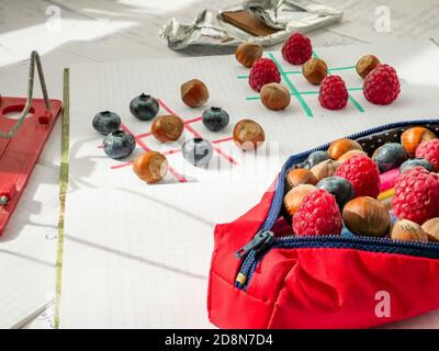 Fun education concept. Pencil case packed with berries, nuts, colored pens and pencils and tic-tac-toe logic games by raspberries, blueberries, nuts. Stock Photo