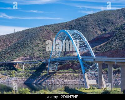 Arch bridge behind Theodore Roosevelt Dam, Arizona Highway 188 north of Globe, Arizona. Stock Photo