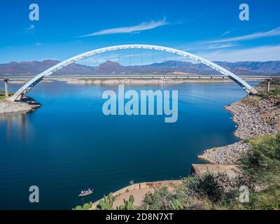 Arch bridge behind Theodore Roosevelt Dam, Arizona Highway 188 north of Globe, Arizona. Stock Photo