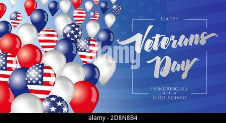 Happy Veterans Day USA creative banner. Isolated abstract graphic design template. Honoring all who served calligraphic lettering. Thank you veterans Stock Vector