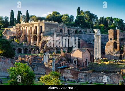 Looking across the Forum at the collection of ancient ruins in Rome, Italy. Stock Photo
