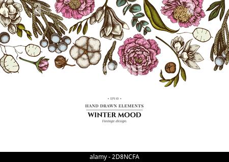 Floral design with colored ficus, eucalyptus, peony, cotton, freesia, brunia Stock Vector