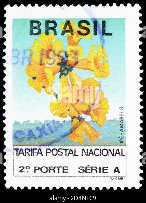 MOSCOW, RUSSIA - OCTOBER 8, 2020: Postage stamp printed in Brazil shows Second National Porte, Mark Post and Emblem serie, circa 1992 Stock Photo