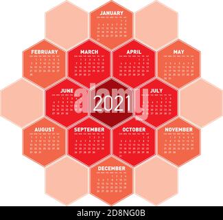 Red Calendar for year 2021 in an hexagonal pattern. In vector format. Stock Vector