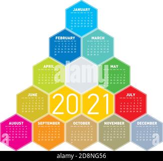 Colorful Calendar for year 2021 in an hexagonal pattern. In vector format. Stock Vector