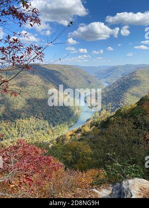 Colorful Autumn View of New River Gorge from Grandview National Park Stock Photo