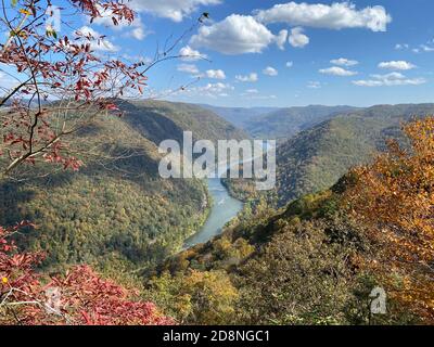 Colorful Autumn View of New River Gorge from Grandview National Park Stock Photo