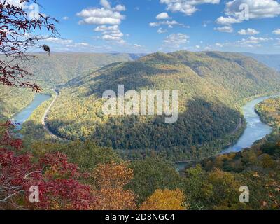 Colorful Autumn View of New River Gorge from Grandview National Park Stock Photo