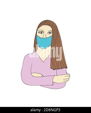 Portrait of young girl with medical mask. Pretty girl with straight long brown hair. Stock Vector