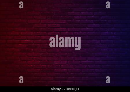 Neon light on brick walls that are not plastered background and texture. Lighting effect red and blue neon background vertical of empty brick basement Stock Photo