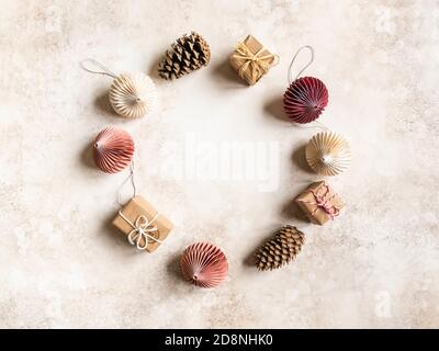 Flat lay Christmas circle frame composition on brown background. top view, copy space Stock Photo