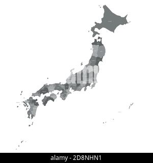 Grey political map of Japan. Administrative divisions - prefectures. Simple flat vector map with labels. Stock Vector