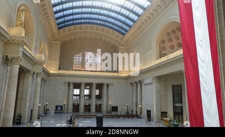 Chicago Union Station is an intercity and commuter rail terminal located in the West Loop Gate neighborhood of Chicago, Illinois. Stock Photo