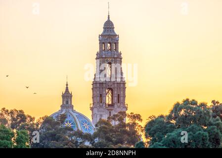 The California Tower and California Dome at sunrise. Balboa Park, San Diego, CA, USA. Stock Photo