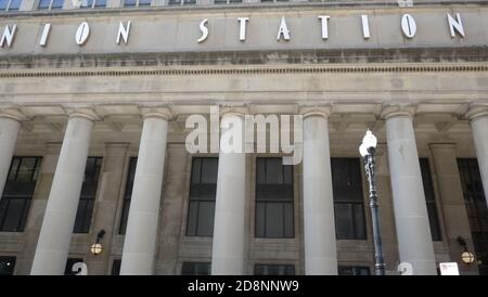 Chicago Union Station is an intercity and commuter rail terminal located in the West Loop Gate neighborhood of Chicago, Illinois. Stock Photo