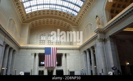 Chicago Union Station is an intercity and commuter rail terminal located in the West Loop Gate neighborhood of Chicago, Illinois. Stock Photo