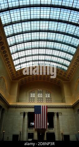 Chicago Union Station is an intercity and commuter rail terminal located in the West Loop Gate neighborhood of Chicago, Illinois. Stock Photo