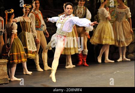 The English National Ballet company in dress rehearsals for their production Coppelia at the Coliseum Theatre in London on Tuesday, July 22, 2014. Fra Stock Photo