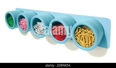 Blue soho spice rack as a paperclip organizer filled with colorful paperclips photographed on a white background Stock Photo
