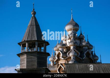 Wooden Bell Tower and Church of Transfiguration at Kizhi Pogost, Karelia, Russia Stock Photo