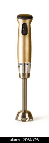 Immersion hand blender with bronze handle stands upright isolated on white background. Modern electric kitchen appliances for making sauces, smoothies Stock Photo