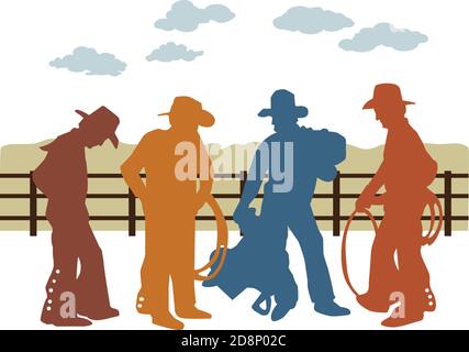 Colorful silhouette of cowboys, fence, and clouds. Stock Vector