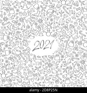 Christmas icon holiday background with numbers 2021. Happy New Year wallpaper. Winter holiday grunge greeting card design. Happy Winter Holiday Doodle Stock Vector