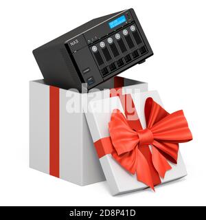 NAS network-attached storage inside gift box, present concept. 3D rendering isolated on white background Stock Photo