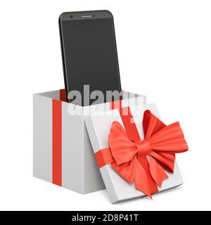 Smartphone phone inside gift box, present concept. 3D rendering isolated on white  background Stock Photo - Alamy