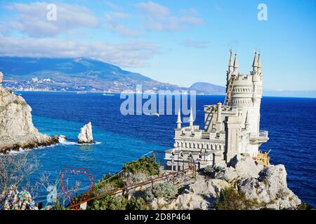 symbol of Crimea fortress swallow's nest on the background of the sea and mountains Stock Photo