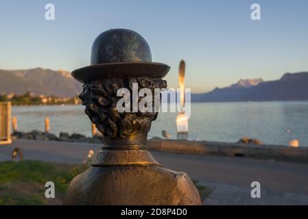 Charlie or Charles Chaplin Statue on the shore of Geneva Lake in Vevey town in Switzerland Stock Photo