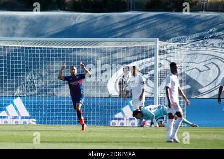 Madrid, Spain. 31st October, 2020. David Ferreiro of Huesca celebrates a goal during the Spanish championship La Liga football match between Real Madrid and SD Huesca on October 31, 2020 at Alfredo Di Stefano stadium in Valdebebas, Madrid, Spain - Photo Oscar J Barroso / Spain DPPI / DPPI Credit: LM/DPPI/Oscar Barroso/Alamy Live News Stock Photo