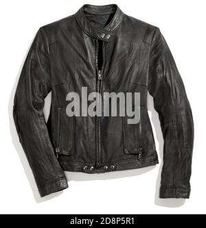 Zipped up sword black leather jacket photographed on a white background Stock Photo