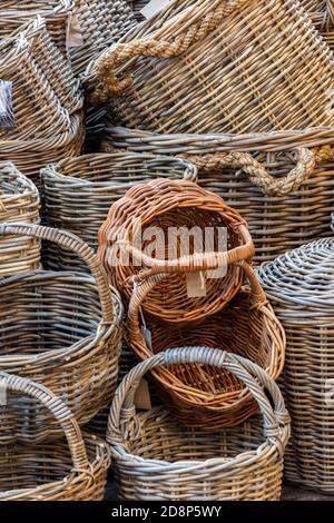 a selection of hand made wicker baskets woven by hand Stock Photo