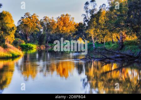 Macquarie river flowing in Dubbo city of Great Western plains in Australia - scenic landscape at sunset. Stock Photo