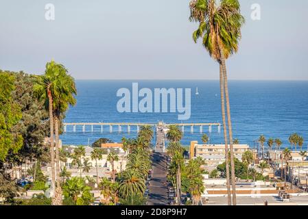 Pacific Ocean and the Ocean Beach Pier. San Diego, CA, USA. View is from Niagra Avenue. Stock Photo