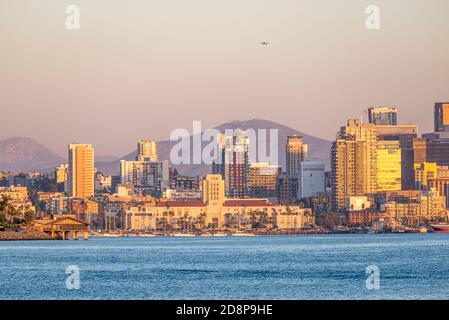 San Diego Harbor and San Diego Skyline. San Diego, CA, USA. Photographed on an October evening prior to sunset. This view is from Harbor Island. Stock Photo