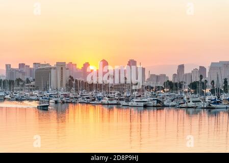 San Diego Harbor and San Diego Skyline. San Diego, CA, USA. Photographed at sunrise from Spanish Landing Park. Stock Photo