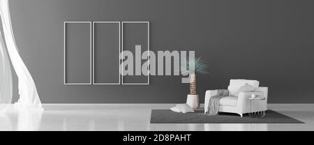 Contemporary living room interior design with grey concrete wall, 3d Render 3d illustration Stock Photo