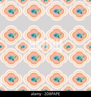 Vector geometric stylized blue floral tile pattern with blueberry. Seamless vector design, simple ornament and plant in pink and teal on neutral grey. Cutout abstract design. Perfect for paper projects, fabric and home decor. Stock Vector