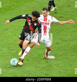 Cologne, Germany. 31st Oct, 2020. Leroy Sane (L) of Munich vies with Ellyes Skhiri of Cologne during a German Bundesliga football match between FC Bayern Munich and FC Cologne in Cologne, Germany, Oct. 31, 2020. Credit: Ulrich Hufnagel/Xinhua/Alamy Live News Stock Photo