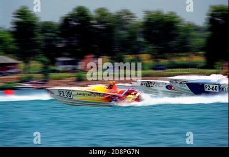 Off shore high speed boat races take place on the St Clair River at Saint Clair, Michigan Stock Photo