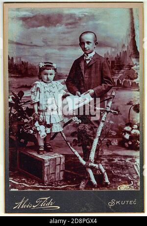 Vintage cabinet card shows children girl and boy, siblings posing in a photo graphic studio. Photo was taken in Austro-Hungarian Empire or also Austro Stock Photo