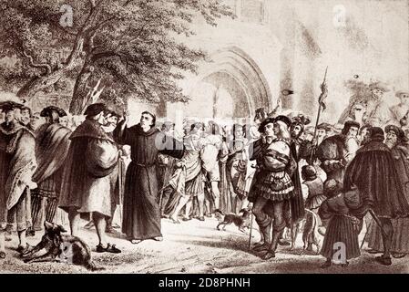 Engraving of Martin Luther (1483-1546), a key figure in the Protestant Reformation, after he nailed the Ninety-Five Theses, or “Disputation on the Power and Efficacy of Indulgences,” on the door of All Saints' Church in Wittenberg in 1517. Stock Photo