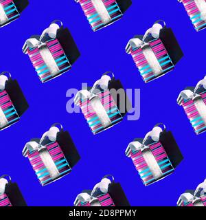 Festive seamless pattern of Christmas gifts on a blue background, square layout, top view Stock Photo