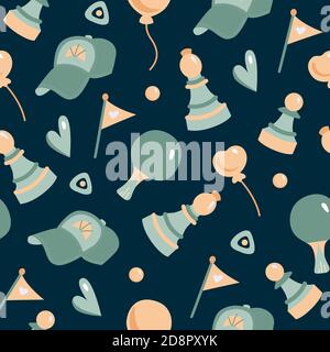 Vector seamless pattern. Bright illustration with a baseball cap, heart, chess, and ping-pong. Background for wallpaper, greeting cards, invitations. Stock Vector
