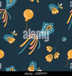 Vector seamless pattern in doodle style. Bright illustration with birds, kite and balloons. Background for wallpaper, greeting cards, invitations. Stock Vector