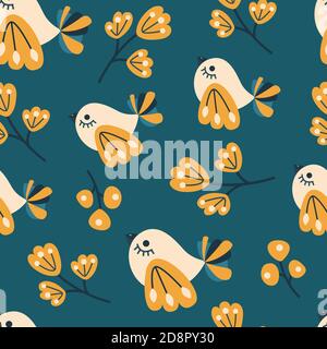 Vector floral seamless pattern in doodle style. Bright illustration with birds and leaves. Background for wallpaper, greeting cards, invitations. Stock Vector